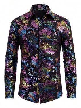 Men's Black Long-Sleeve Button-Down Shirt with Multicolor Paisley Print
